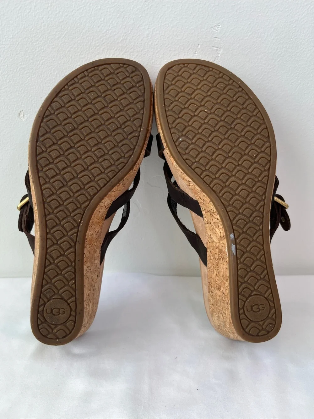 UGG Adalie Cork Wedge Thong Sandals Brown Leather Women’s Size 7.5